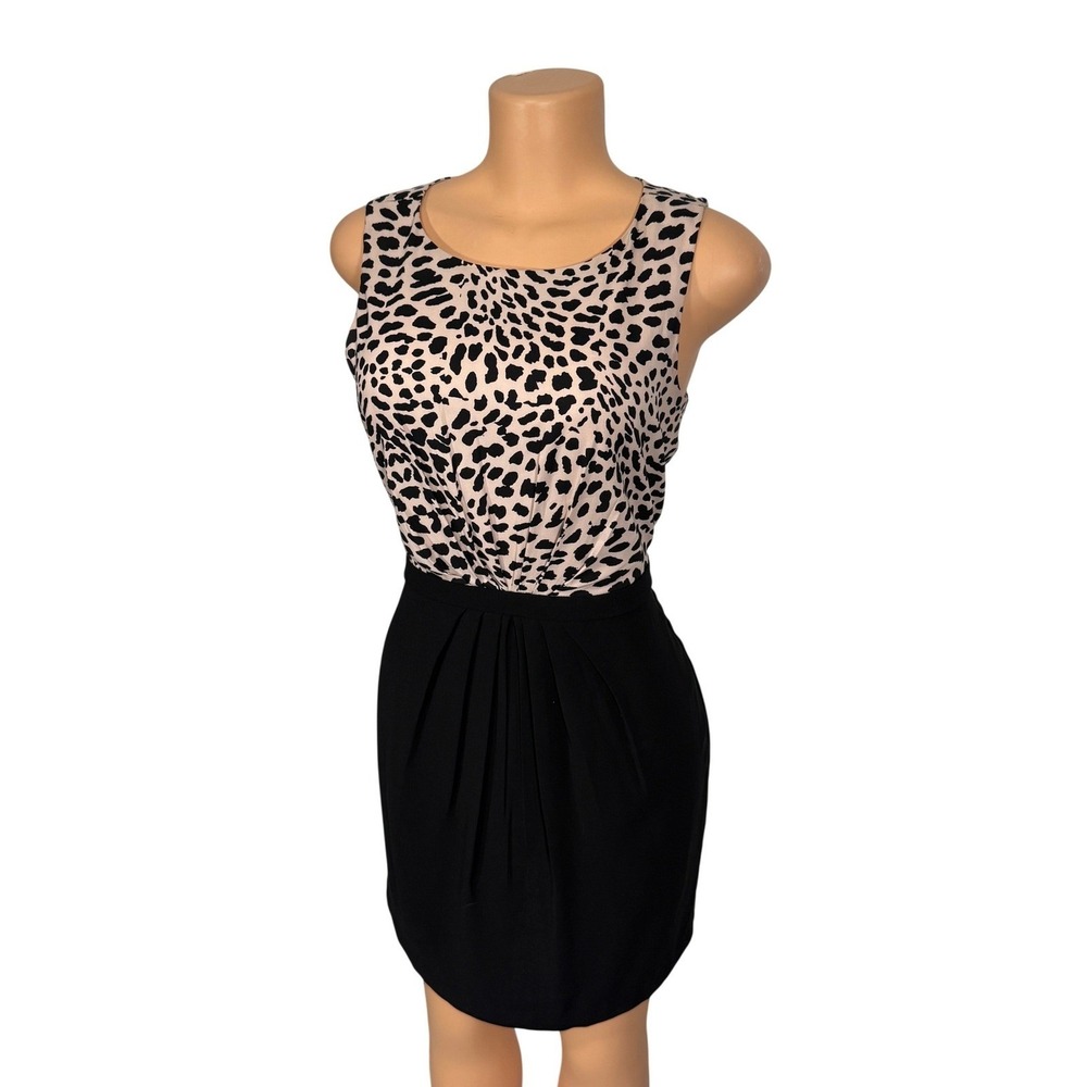 Loft Womens Cheetah Print Sleeveless Sheath Dress Black Tan Pleated Skirt Size 4